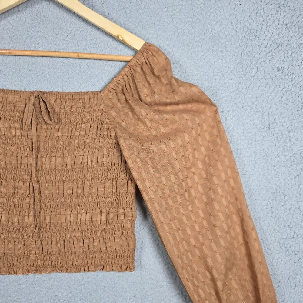 American Eagle Blouse Top Womens Medium Brown Smocked Cropped Peasant Picnic NWT